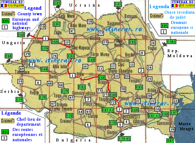 Itinerar, harta - drum national DN 1 E60 Bucuresti-Oradea-Bors  642 km.