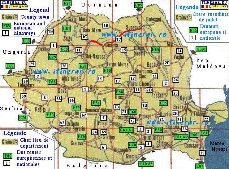 Itinerar, hartă - drum national DN 17 Dej-Bistrita-Vatra Dornei-Cămpulung Moldovenesc-Gura Humorului-Suceava