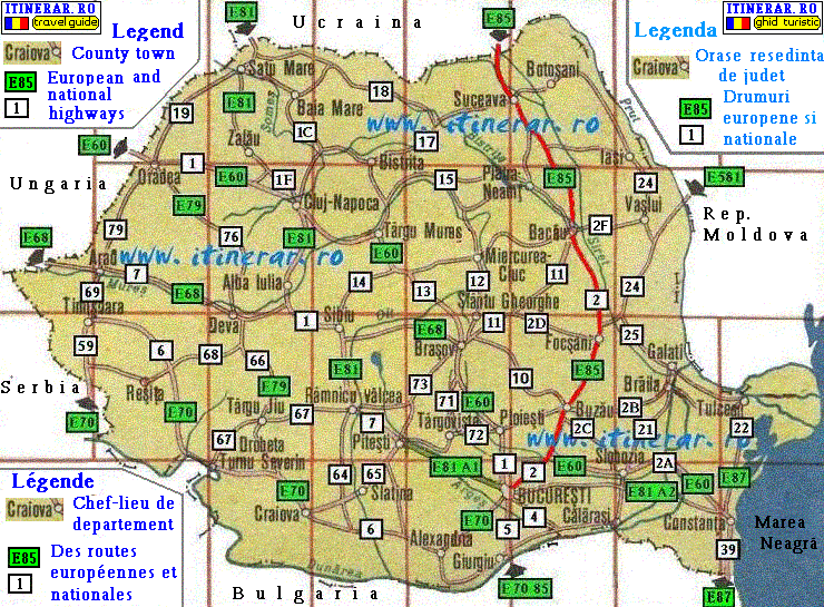 Itinerar, harta - drumul national 2, E85 Bucuresti-Suceava - Siret 482 km.